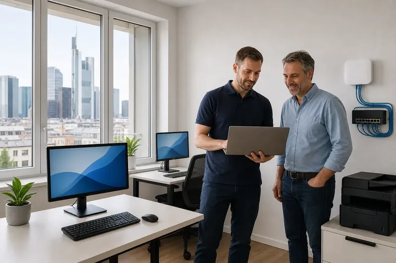IT-Techniker und Büroinhaber prüfen gemeinsam eine neue Büro-Einrichtung