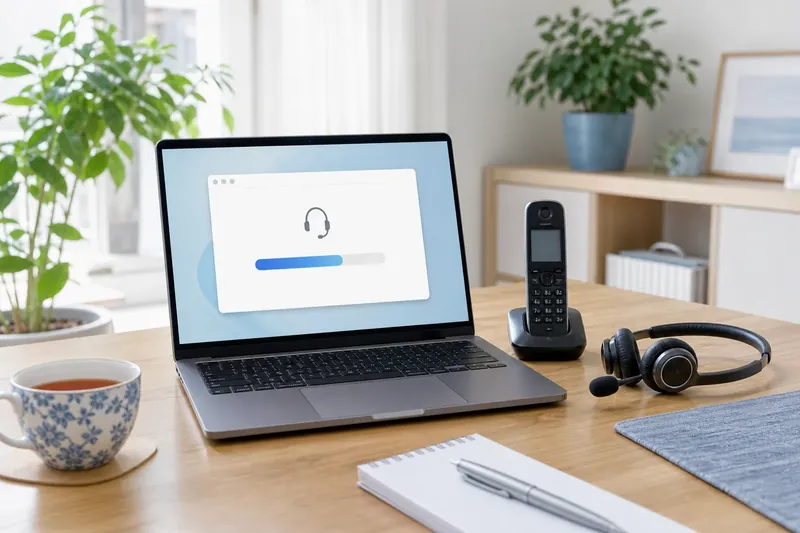 Laptop mit Fernhilfe-Fenster, daneben Telefon und Headset