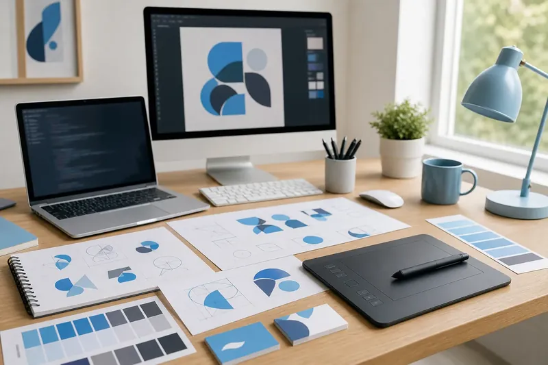 Arbeitsplatz einer Grafikdesignerin mit Logo-Skizzen und Farbmustern