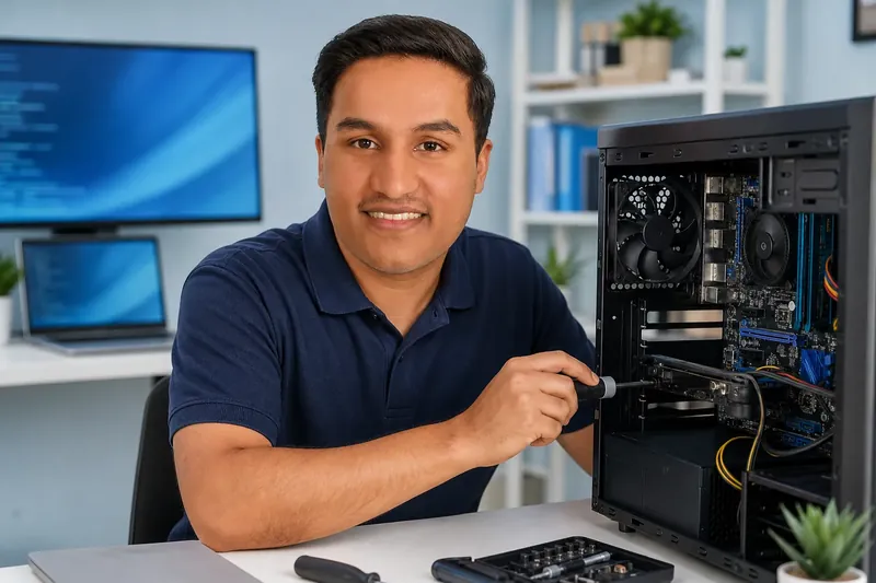 Ibrahim Zakria arbeitet an einem geöffneten PC