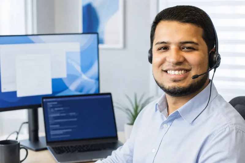 Sajjad Hanifa hilft einer Kundin per Headset und Fernwartung