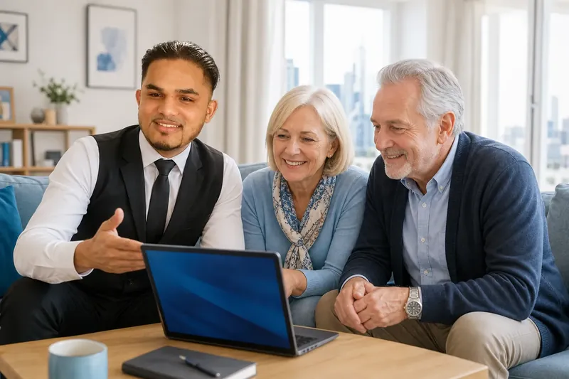 Suleman Shafique erklärt einem Paar etwas am Laptop