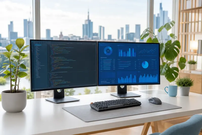 Zwei Bildschirme mit Programmcode und einem Dashboard
