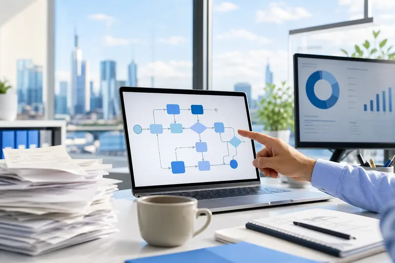 Laptop zeigt ein Ablaufdiagramm neben einem Stapel Papierrechnungen