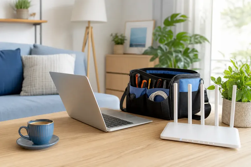 Laptop, Router und Werkzeugtasche auf einem Wohnzimmertisch beim Vor-Ort-Termin