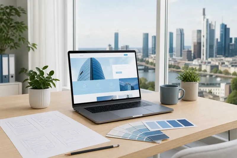 Laptop mit einem hellen Webseiten-Entwurf, daneben Skizzen und Farbmuster