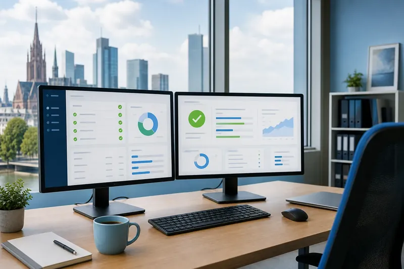 Zwei Monitore mit Status-Übersichten einer gepflegten Webseite