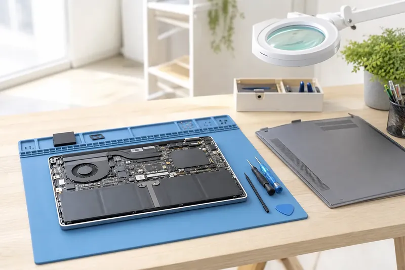 Geöffneter Laptop auf einer blauen Reparaturmatte mit Feinwerkzeug in der Werkstatt