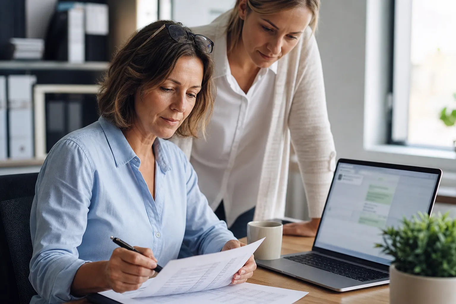 Zwei Frauen in einem hellen Büro prüfen einen ausgedruckten Text mit Stift neben einem Laptop, auf dem ein KI-Chat geöffnet ist