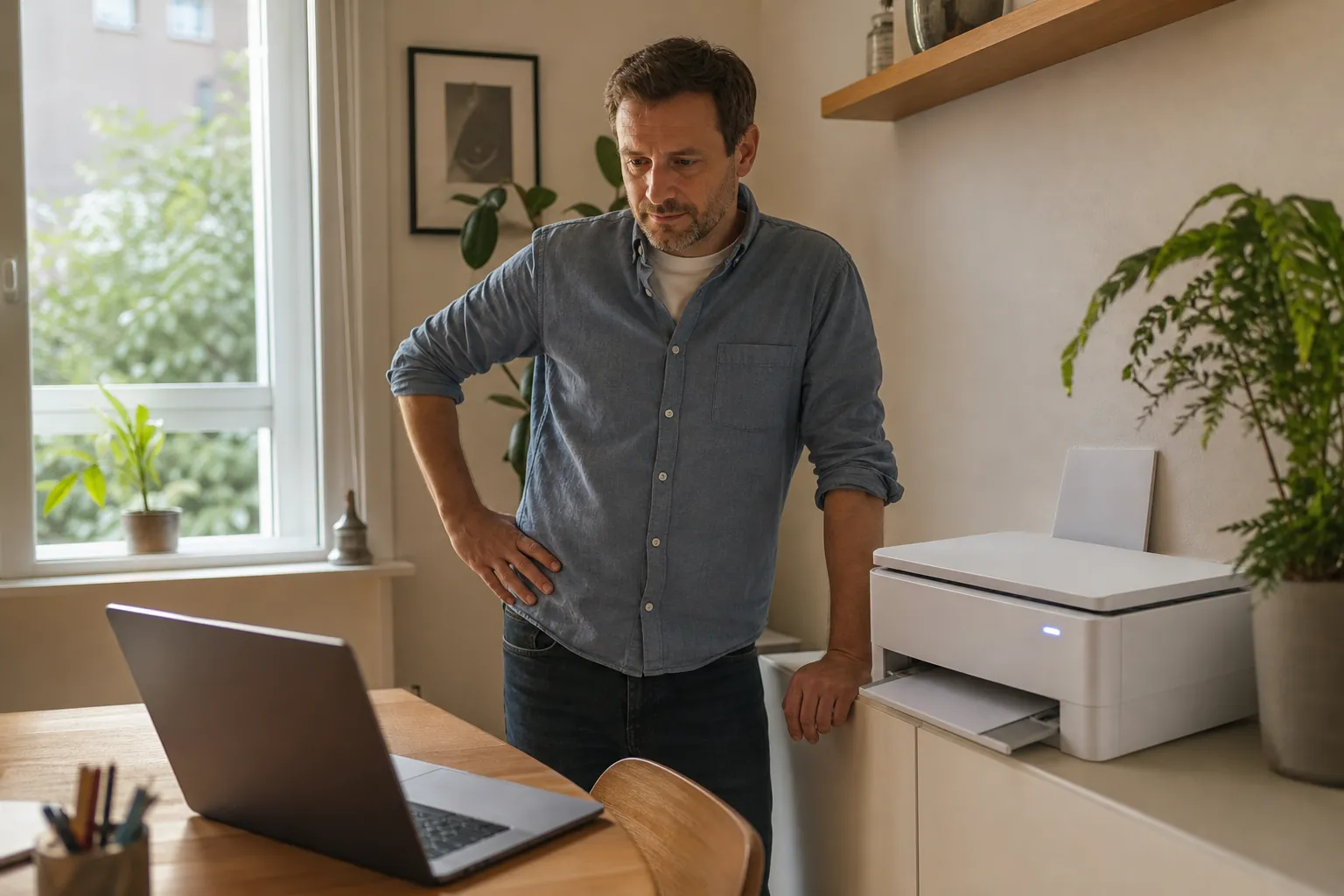 Mann im Arbeitszimmer stützt sich neben einem weißen Drucker ab und schaut ratlos auf seinen aufgeklappten Laptop