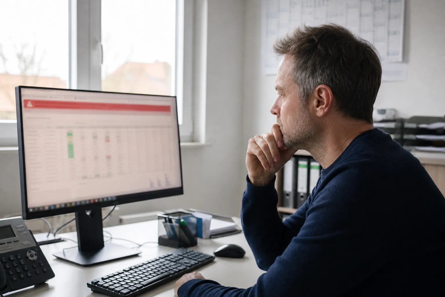 Mann in einem kleinen Büro sitzt nachdenklich vor einem Monitor mit einer Tabelle und einer farbigen Warnleiste am oberen Rand