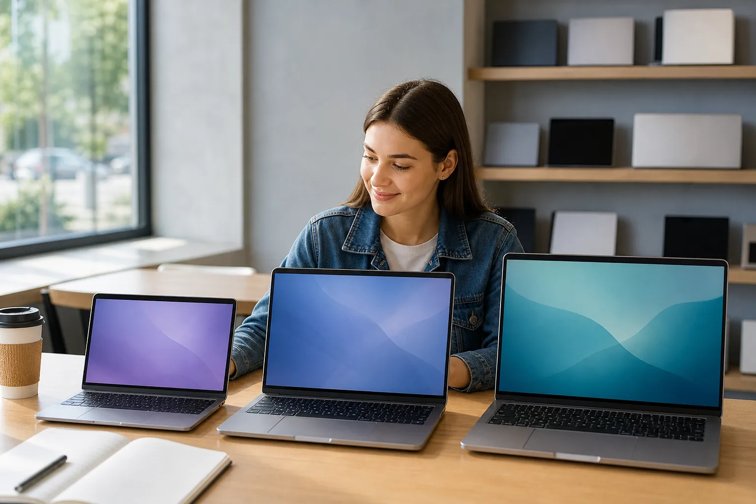 Junge Frau vergleicht an einem hellen Holztisch drei aufgeklappte Laptops unterschiedlicher Größe, daneben Notizbuch und Kaffeebecher