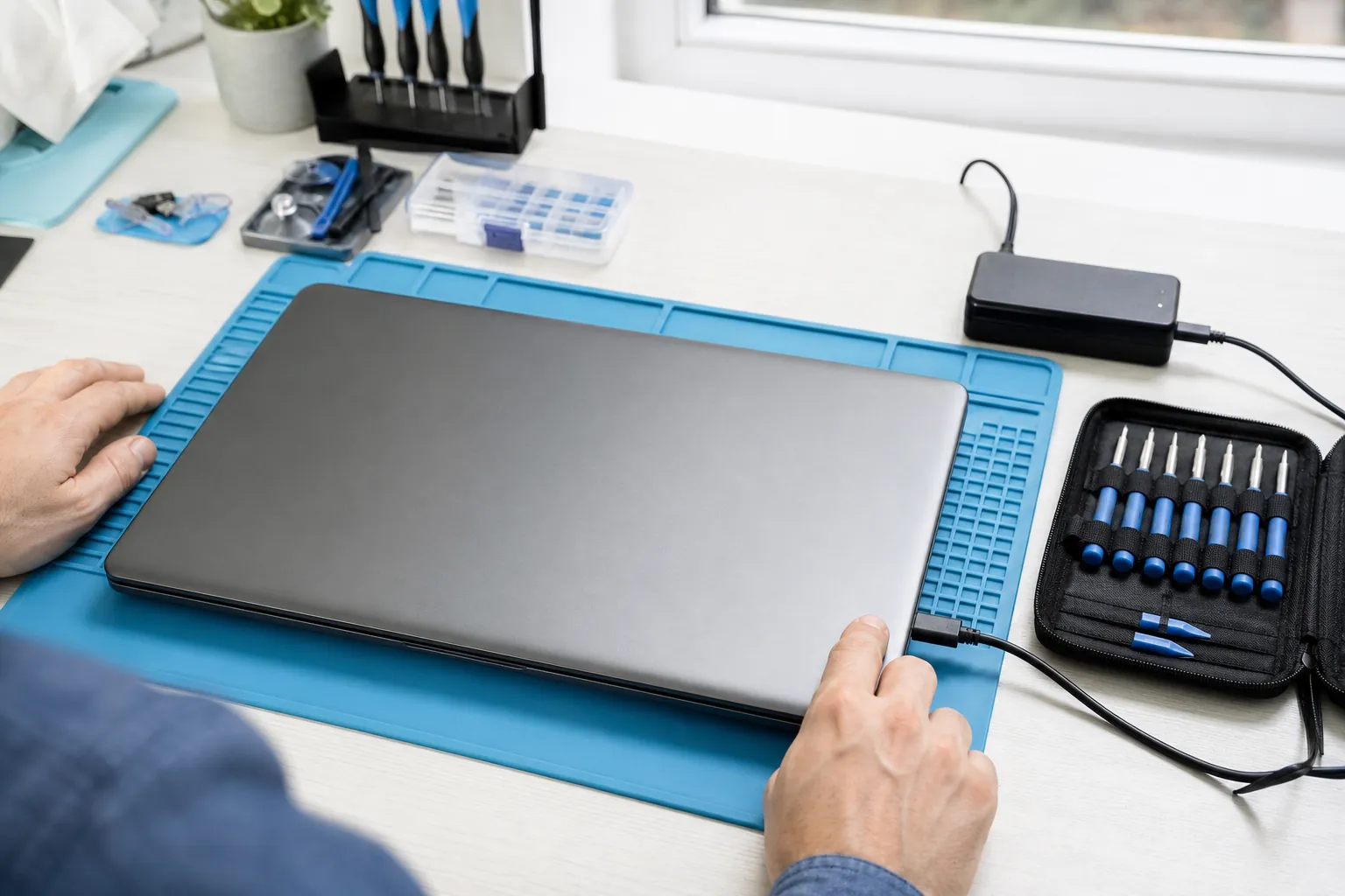 Techniker drückt den Einschaltknopf eines zugeklappten Laptops auf einer Werkbank, das Netzteil ist angeschlossen
