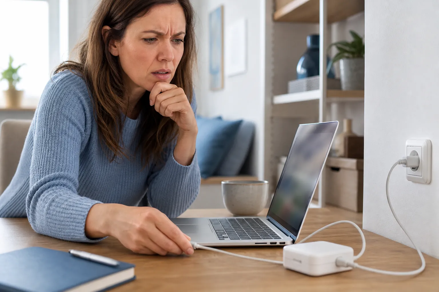 Frau am Schreibtisch hält das eingesteckte Ladekabel ihres Laptops und schaut ratlos auf den Bildschirm, das Netzteil liegt daneben