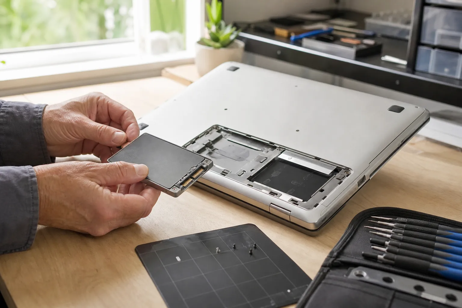 Hände eines Technikers halten eine 2,5-Zoll-SSD neben einem umgedrehten älteren Laptop mit geöffnetem Laufwerksschacht auf einer hellen Werkbank