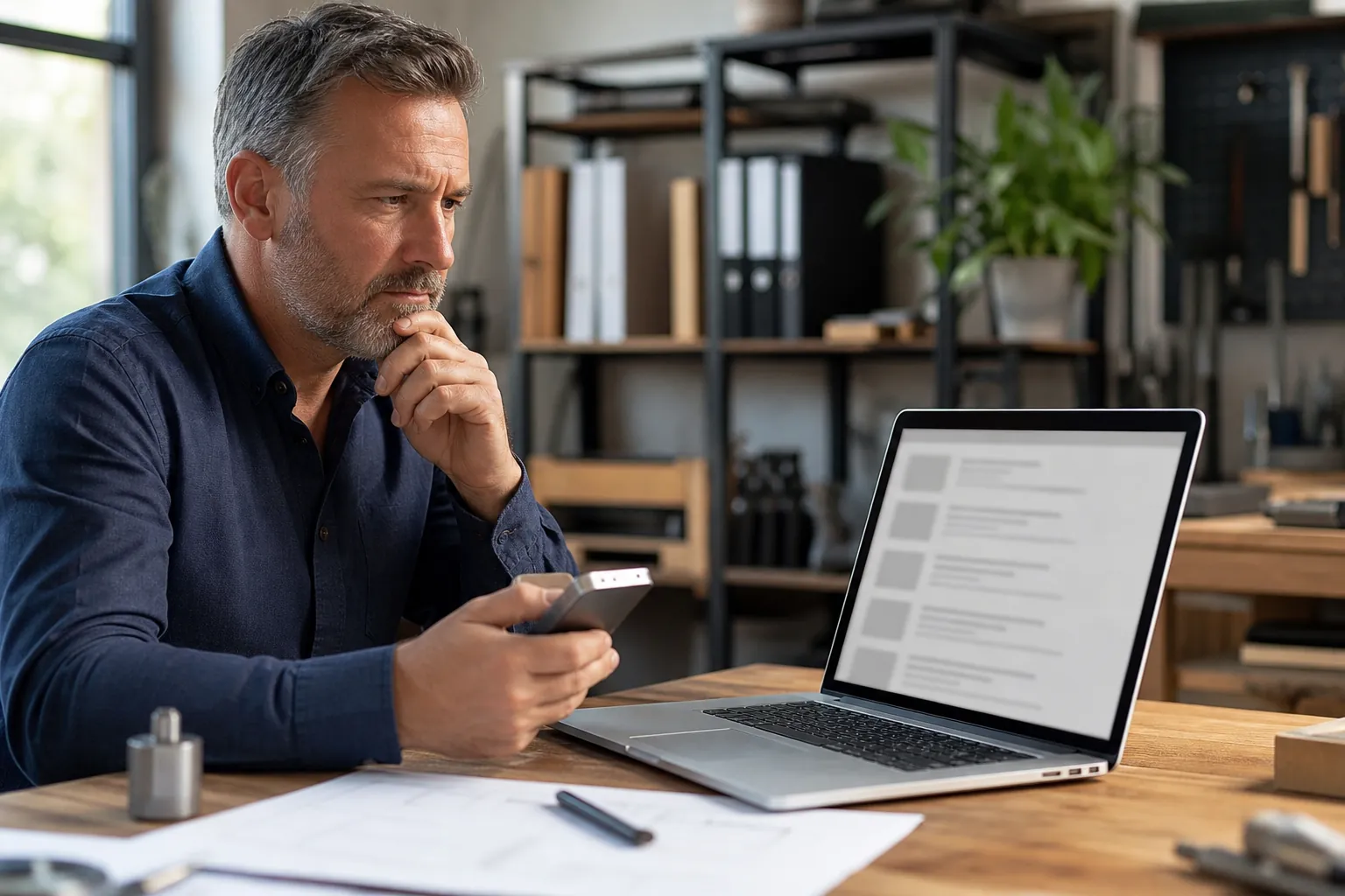 Handwerker im Büro seiner Werkstatt hält ein Smartphone und schaut nachdenklich auf eine Liste von Suchergebnissen am Laptop
