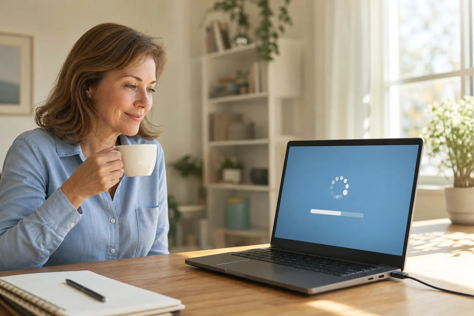 Frau sitzt mit einer Tasse Tee am Schreibtisch und wartet geduldig vor einem Laptop, auf dem eine Ladeanzeige läuft. Das Netzteil ist angeschlossen