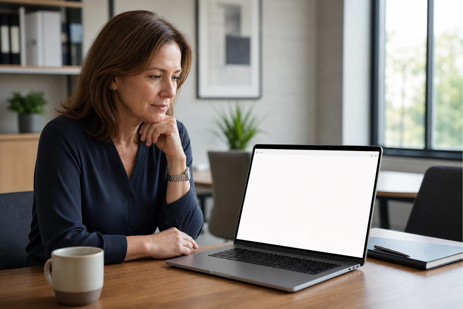 Frau an einem hellen Büroschreibtisch schaut nachdenklich auf einen Laptop, dessen Browserfenster nur eine leere weiße Seite zeigt